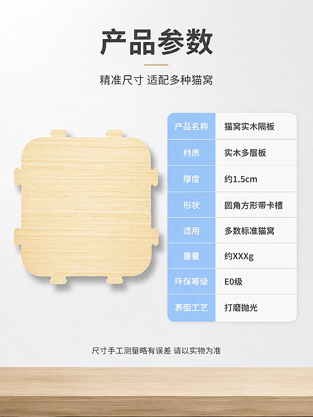 [第8屏] 详情页规格参数与适配说明-产品信息卡。本屏使用【图1】作为产品标准照。
[氛围/风格] 简洁专业信息风，参数清晰明了，干净规整。
[元素布局] 左侧为产品标准照，实木多层板隔板正面俯视，占比约40%；右侧为参数信息卡，表格形式清晰列出各项参数；背景为浅灰色渐变，底部有木纹装饰条；隔板保持与输入图一致的形状、颜色和八边卡槽结构。
[光影质感] 顶部均匀柔光，产品下方柔和投影，整体干净明亮，信息清晰可读。
[配色色系] 全局底色 #F5F5F5 浅灰白；主色深灰 #424242；辅助色原木色 #A1887F、浅蓝 #90CAF9；表格线用浅灰色。
[视角构图] 正俯视，左右分栏结构，阅读动线顶部标题 → 左侧产品图 → 右侧参数表。
[文字版式] 版式为顶部大标题 + 左侧产品图 + 右侧参数信息卡。主标题「产品参数」，副标题「精准尺寸 适配多种猫窝」；参数表包含：「产品名称」猫窝实木隔板、「材质」实木多层板、「厚度」约1.5cm、「形状」圆角方形带卡槽、「适用」多数标准猫窝、「重量」约XXXg、「环保等级」E0级、「表面工艺」打磨抛光；底部小字「尺寸手工测量略有误差 请以实物为准」；文字深灰色为主，参数标签用浅蓝底白字。
[比例分辨率] 3:4 竖版比例，4K 分辨率，文字清晰可辨，高清画质。
[负向提示词] 表格错乱，文字模糊，产品变形，颜色偏差，水印，信息不全。