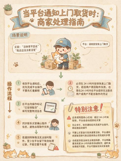 「图片1」内容“买家申请退货，需要商家安排上门取货
场景描述
这个场景非常关键，通常是：
买家已经进入退货流程
但买家说“活体寄不回去”“我这边没法寄活宠”
平台通知商家安排上门取货
商家应该怎么做预览效果