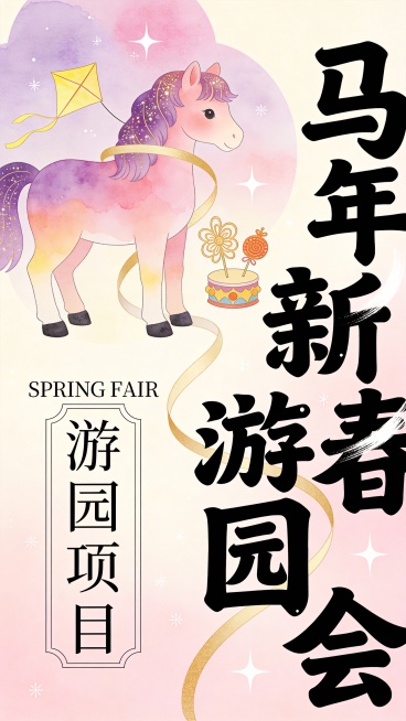 这张马年新春游园会运营海报采用水彩晕染 + 轻国风游园风格，是治愈欢快与新春氛围的融合设计。
主体围绕粉紫渐变小马展开：小马以水彩晕染呈现，鬃毛带细碎金闪，身旁搭配嫩黄纸鸢、糖画摆件，既贴合马年生肖属预览效果