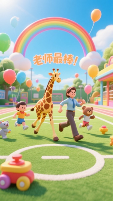 3D活力卡通风格，操场场景，人类教师带领长颈鹿、小熊等动物学生奔跑，彩虹和气球点缀，“老师最棒！”标语清晰可见，阳光明媚，整体氛围活泼充满活力预览效果