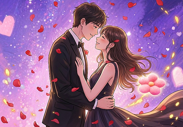 将图中人物替换为穿西装的男生和穿礼服的女生，添加浪漫花瓣，营造情人节氛围，漫画风格