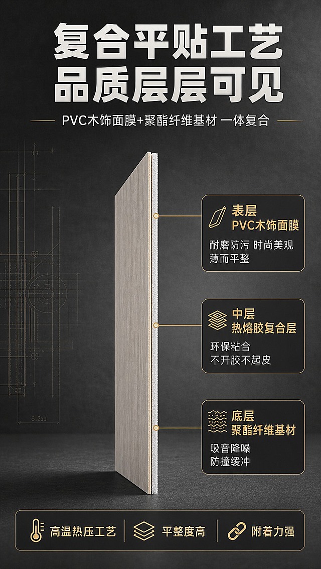[商品] 使用【图1】复合平贴工艺板材侧面图；修正为薄款板材，表层是极薄的PVC木纹膜（非厚木皮），中层为极薄热熔胶层，底层为聚酯纤维基材，整体厚度明显变薄，比例协调，保留浅灰基材色和表层浅木色PVC膜质感；商品处理：去除背景，保留分层结构，整体厚度减薄约60%，表层PVC膜呈现薄膜质感而非厚板材，增强层间清晰度。
[画面] 第三屏产品工艺介绍，目标是展示PVC膜+聚酯纤维基材的薄型复合平贴结构。薄款板材侧立放大居中，占画面45%，用引线标注各层结构；上下分布工艺说明文字；背景为深灰色工业风，有微弱的技术线稿装饰。
[视觉] 套系策略：风格=沉稳大气B端工业风商业摄影；标题字=粗黑无衬线黑体；正文字=简洁无衬线中黑体；主色=深炭灰+胡桃木棕；背景延展=深炭灰渐变到中灰，带细腻水泥质感纹理；强调色=暖金色，仅用于小面积图标、引线和重点标签；标题色=米白色；正文色=浅灰色；组件=深色圆角信息卡、细金色引线、线性图标；光影=正侧光，突出薄板材的层压结构层次和PVC膜的薄度。
[文字] 顶部主标题"复合平贴工艺 品质层层可见"，副标题"PVC木饰面膜+聚酯纤维基材 一体复合"；用引线从产品侧面引出标注：表层「PVC木饰面膜」耐磨防污 时尚美观 薄而平整；中层「热熔胶复合层」环保粘合 不开胶不起皮；底层「聚酯纤维基材」吸音降噪 防撞缓冲；底部补充"高温热压工艺·平整度高·附着力强"，文字全部横排。
[规格] 图片比例9:16竖版，4K分辨率，避免变形、错字、文字过小、冷蓝背景、板材过厚、PVC膜呈现厚木皮感、结构失真、极限词。