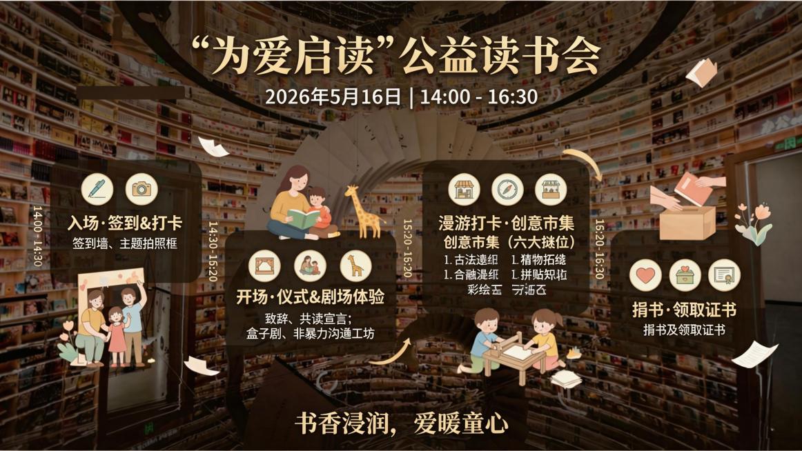 完全重新生成这张"为爱启读"公益读书会横版海报，修正所有乱码错误，所有文字统一使用清晰的微软雅黑字体，还原正确活动内容：签到墙、主题拍照框，致辞、共读宣言，盒子剧、非暴力沟通工坊，六大摊位包含：古法造预览效果