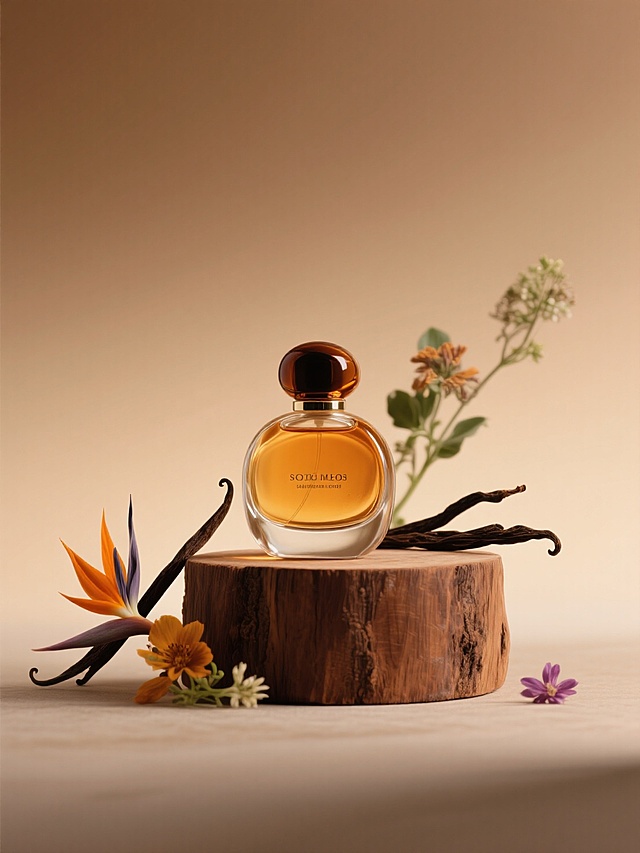 优雅奢华的香水瓶置于木雕风底座，搭配柔和插画风花卉，简约主义设计，尽显高贵。