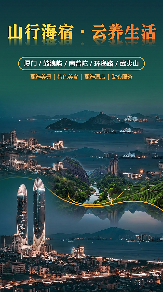根据参考图生成竖版厦门+武夷山旅游海报，保留主标题"山行海宿·云养生活"，修改景点文字为"厦门/鼓浪屿/南普陀/环岛路/武夷山"，保留"甄选美景 | 特色美食 | 甄选酒店 | 贴心服务"小字，整体为竖版构图，融入厦门双子塔和武夷山风景元素，深绿色夜晚城市风格，文字为橙黄色渐变，旅游宣传海报设计