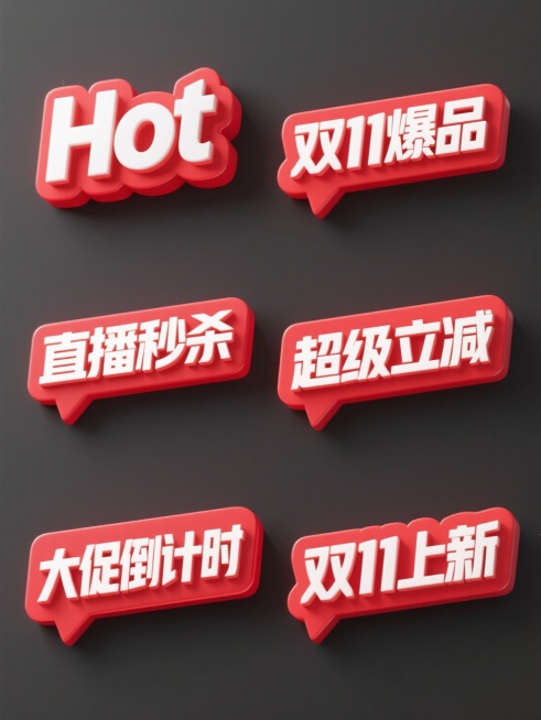 6个规整排布的促销标签素材，每个标签为单一内容的立体设计，采用红色与白色为主色调，具有强烈的3D立体效果和鲜明的色彩对比，标签文案分别为"Hot"、"双11爆品"、"直播秒杀"、"超级立减"、"大促倒计时"、"双11上新"，每个标签均为纯色背景，整体呈现出促销活动的热烈氛围和醒目的视觉效果，字体选择粗壮有力的无衬线体，具有强烈的视觉冲击力和促销感。预览效果