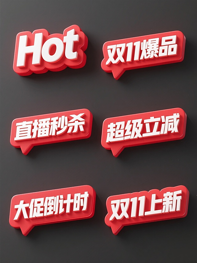 6个规整排布的促销标签素材，每个标签为单一内容的立体设计，采用红色与白色为主色调，具有强烈的3D立体效果和鲜明的色彩对比，标签文案分别为"Hot"、"双11爆品"、"直播秒杀"、"超级立减"、"大促倒计时"、"双11上新"，每个标签均为纯色背景，整体呈现出促销活动的热烈氛围和醒目的视觉效果，字体选择粗壮有力的无衬线体，具有强烈的视觉冲击力和促销感。