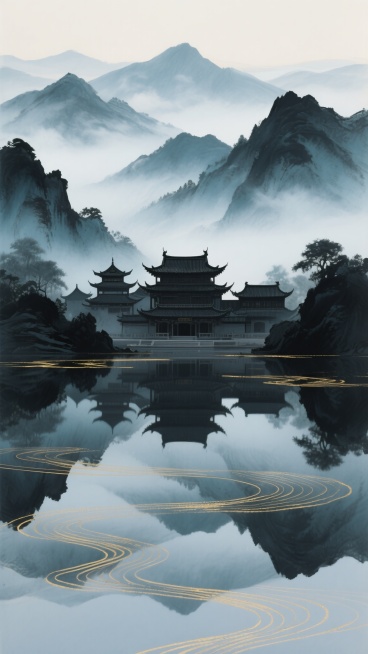 新中式风格山水画作，以靛青、苍翠、墨黑为整体配色，采用淡雅水墨晕染技法与金色细线条勾勒相结合的艺术手法，画面中央远景处有一组错落有致的传统中式宫殿建筑群，飞檐翘角，雕梁画栋，周围环绕着层叠起伏、轮廓朦胧的远山，山间云雾缭绕，呈现出空灵悠远的意境，近处水面平静如镜，清晰倒映出建筑与山峦的剪影，水面波纹以流畅的金色线条描绘，整体构图遵循传统山水画的留白与层次感，营造出宁静、典雅而富有东方韵味的自然……预览效果