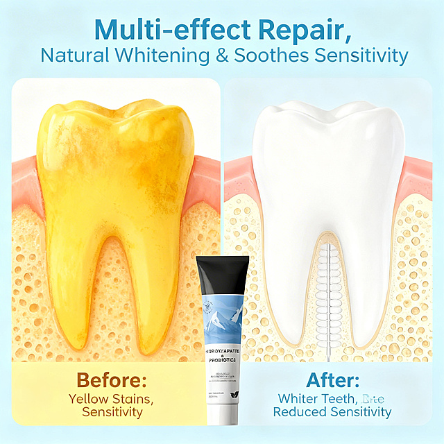 Before and after comparison of teeth whitening and sensitivity improvement. Left side shows stained sensitive teeth with yellow surface and label "Before: Yellow Stains, Sensitivity", right side shows clean bright white teeth with closed dentin tubules and label "After: Whiter Teeth, Reduced Sensitivity". Toothpaste product placed in the middle bottom. Main title "Multi-effect Repair, Natural Whitening & Soothes Sensitivity". Light blue clean background, professional dental contrast infographic style, all text in English, font color matches background, do not block product core, follow composition rules, 1:1 square.