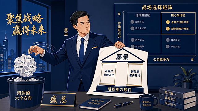 微信公众号文章插图，扁平商务插画风格，画面中央是一位穿西装的企业管理者（盛总）站在办公桌前，他右手将一张皱巴巴写满六个方向的白纸揉成一团扔进垃圾桶，左手展开一张崭新的'战略屋'架构图。战略屋的屋顶写着'愿景'，两根柱子分别写着'老客户份额守住'和'新能源客户开拓'，地基写着'组织能力缺口'。背景墙上有一个'战场选择矩阵'四象限图，横轴是'公司竞争力'，纵轴是'市场吸引力'，六个方向的圆点经过筛选后只有两个落在核心象限。画面色调以深蓝、白色、金色为主，专业商务感，简洁现代，适合公众号文章配图。