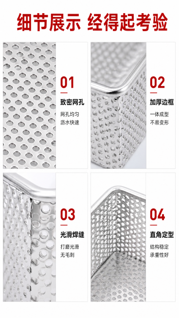 [第5屏] 产品细节微距展示，放大展示不锈钢网筐的关键细节部位。
[氛围/风格] 2x2宫格细节展示，白底清晰特写，红色数字标注，专业写实，商业摄影质感。
[元素布局] 顶部大标题，下方四个细节宫格排预览效果