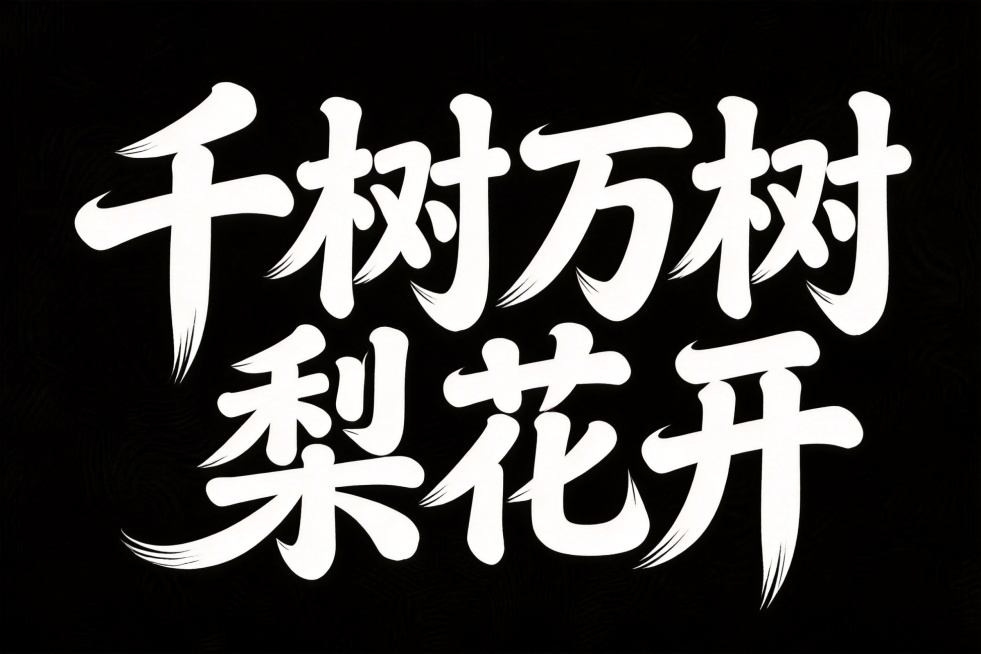 参考图中的行楷书法连笔风格，设计横向单排文字"千树万树梨花开"，白字，纯黑色背景，夸张风格，行楷变形，笔画边缘轻盈，夸张的笔画张力和连笔处理，字体之间有自然连笔连接，极具艺术感，笔画粗细变化大，每个笔预览效果