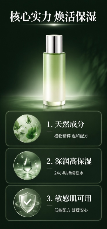 [第2屏] 核心卖点展示屏，分区呈现本款精粹水三大核心优势：天然+高保湿+敏感肌可用。本屏使用【图1】作为商品主体展示。
[氛围/风格] 轻奢简约，信息分区清晰，高级美妆质感，光影柔和。
[元素布局]预览效果