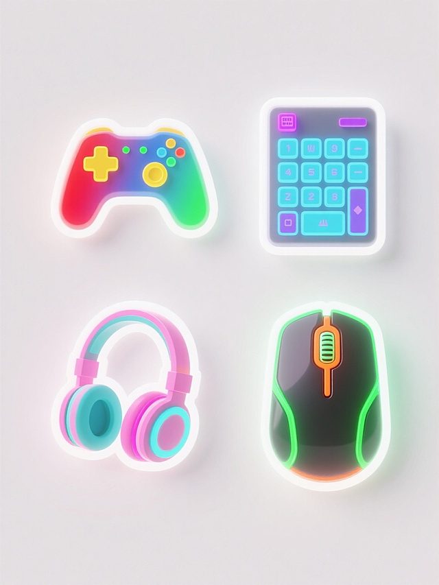 一组四个不同电竞元素的霓虹灯风格图标，以规整网格排布在纯白色背景上。每个图标均采用白色轮廓线勾勒，内部关键部位填充鲜艳的霓虹色彩：左上角为游戏手柄，右侧按键呈现红、黄、蓝、绿渐变霓虹光效；右上角为机械键盘，按键细节清晰，空格键和方向键带有蓝紫色霓虹点缀；左下角为头戴式耳机，耳罩部分有粉色和青色的霓虹光晕；右下角为游戏鼠标，滚轮和侧键散发绿色和橙色的霓虹光芒。所有图标均具有柔和的发光边缘和轻微的光晕效果，整体保持一致的现代、科技感十足的霓虹赛博朋克视觉风格，色彩明快且协调统一，突出电竞主题的活力与未来感。
