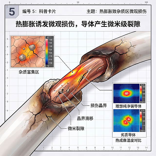 1:1复刻参考图(编号4)的排版布局，生成编号5科普卡：
- 左上角灰色角标写5，文字"编号 5：科普卡片"，右上角写"主题：热膨胀致杂质区微观损伤"
- 主标题："热膨胀诱发微观损伤，导体产生微米级裂隙"
- 主体剖面铜导线，标注：杂质富集区、损伤晶界、晶界滑移、微米裂隙
- 右下角保留两个热成像对比小图区块，文字"热成像温度对比"
- 完全保持原图的网格背景、尺寸比例、插画风格、文字排版结构不变。