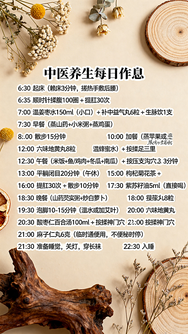 ins风森系中医养生每日作息手账贴纸风设计，文字清晰排版，周围点缀干花和木质装饰，浅米色背景，治愈氛围感，完整呈现所有文字内容："时间 动作
6:30 起床（赖床3分钟，搓热手敷后腰）
6:35 顺时针揉腹100圈 + 提肛30次
7:00 温姜枣水150ml（小口） + 补中益气丸6粒 + 生脉饮1支
7:30 早餐（蒸山药+小米粥+蒸鸡蛋）
8:00 散步15分钟
10:00 加餐（蒸苹果或温蜂蜜水） + 按揉足三里
12:00 六味地黄丸8粒
12:30 午餐（米饭+鱼/鸡肉+冬瓜+南瓜）
13:00 平躺闭目20分钟（午休）
15:00 枸杞菊花茶 + 按压支沟穴3分钟
16:00 提肛30次 + 散步10分钟
17:30 紫苏籽油5ml（直接喝）
18:30 晚餐（山药芡实粥+炒白萝卜）
19:30 泡脚10-15分钟（温水或加艾叶）
20:00 六味地黄丸8粒
20:30 酸枣仁百合汤100ml + 按揉神门穴
21:00 麻子仁丸6克（临时通便用，不便秘时停）
21:30 准备睡觉，关灯，穿长袜
22:30 入睡"