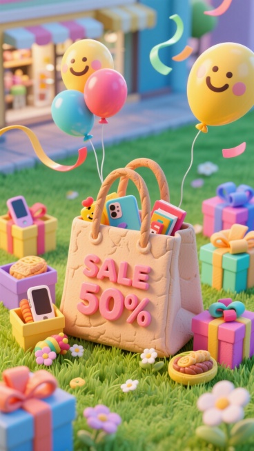 购物袋的3D插图包含产品和大标志SALE 50%。周围是五颜六色的礼品盒，里面装着手机、书籍、玩具和食物等产品。笑脸和气球在空中漂浮。周围有飘带，包坐在草地上，旁边有一些花，购物中心景观，鲜艳的色彩预览效果