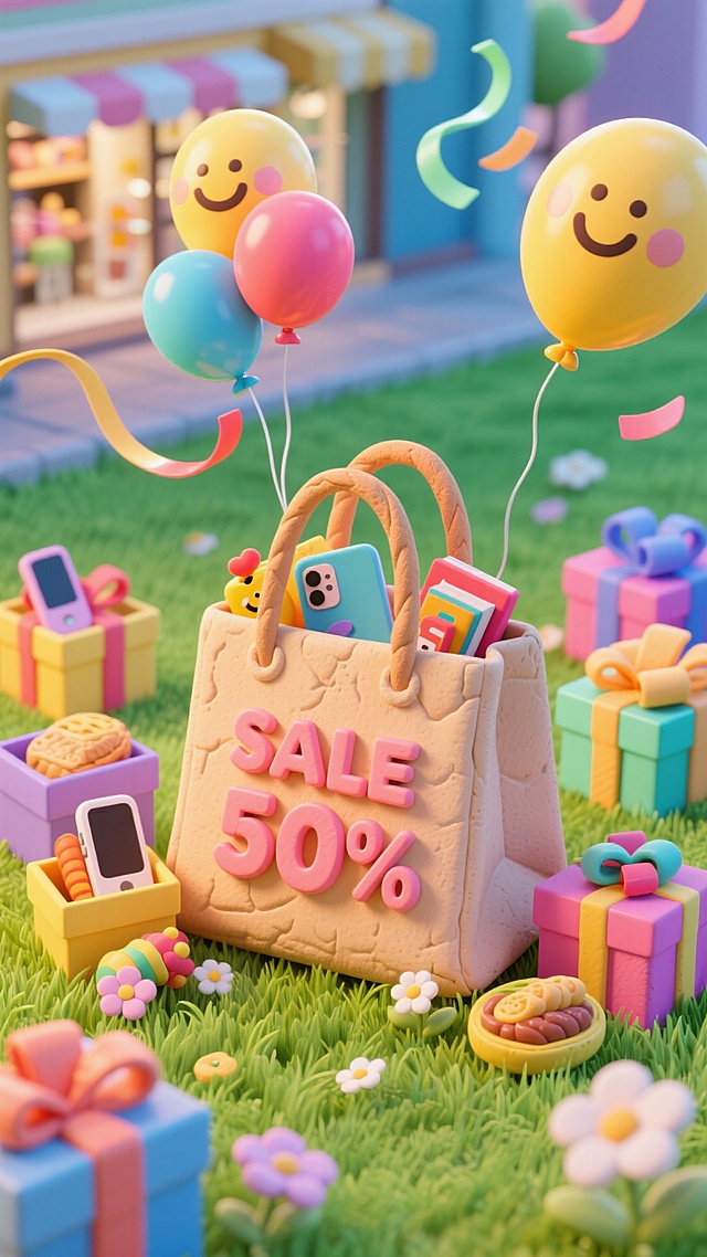 购物袋的3D插图包含产品和大标志SALE 50%。周围是五颜六色的礼品盒，里面装着手机、书籍、玩具和食物等产品。笑脸和气球在空中漂浮。周围有飘带，包坐在草地上，旁边有一些花，购物中心景观，鲜艳的色彩