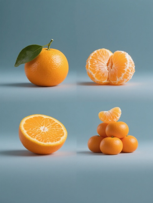 一套4个规整排布的素材，保持超写实摄影风格，元素包含不同造型样式的橘子，有完整带叶橘子、剥开一半的橘子、橘子瓣、堆叠的橘子，均采用纯色背景，无任何文字，无logo，无水印，橘子呈现出自然的橙黄色，表面光滑有光泽，带有真实的光影效果和细节纹理，整体画面清晰、明亮、色彩鲜艳。预览效果