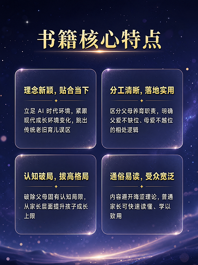 [第3屏] 详情页核心信息区-书籍特点，展示本书四大核心特点。
[氛围/风格] 延续梦幻星空文艺风，深蓝星空背景，柔和虚化，简约高级，文字清晰易读。
[元素布局] 页面顶部放置大标题“书籍核心特点”，下方分四个卡片模块排列，每个卡片展示一个特点，卡片使用半透明圆角设计。每个特点包含加粗标题和简短说明，标题在上，说明在下，排列整齐。
[光影质感] 整体光线均匀柔和，卡片带有轻微光晕，背景星空朦胧虚化，文字清晰突出。
[配色色系] 全局底色：#1a1a3a（深紫蓝）；卡片底色：rgba(255,255,255,0.12)；标题文字：金黄色；说明文字：米白色。
[四个特点内容]
1. 理念新颖，贴合当下：立足 AI 时代环境，紧跟现代成长环境变化，跳出传统老旧育儿误区
2. 分工清晰，落地实用：区分父母养育职责，明确父爱不缺位、母爱不越位的相处逻辑
3. 认知破局，拔高格局：破除父母固有认知局限，从家长层面提升孩子成长上限
4. 通俗易读，受众宽泛：内容避开晦涩理论，普通家长可快速读懂、学以致用
[视角构图] 竖向构图，2行2列排列四个特点卡片，间距均匀，整体透气不拥挤，符合手机阅读。
[文字版式] 顶部大标题居中，每个卡片标题加粗放大，说明文字字号稍小，所有文字清晰可读，不重叠不遮挡。
[比例分辨率] 宽度790像素，宽高比3:4，4K分辨率，文字清晰可辨。
[负向提示词] 卡片排列错乱，文字模糊重叠，颜色过于鲜艳，背景杂乱，水印，文字溢出。