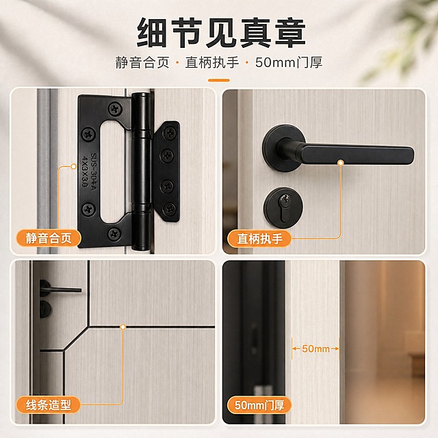 [商品] 使用【图57】合页特写、【图56】门面造型与【图58】侧边拆分为2×2细节宫格；保留合页黑色涂层、轴心、螺丝与刻印字样“SUS-304-A 4×3×3.0”（不翻译不改写）、门面不对称装饰凹槽线条、浅灰米木纹饰面、黑色直柄执手；画面严禁出现图号编号文字。
[画面] 目标主图展示品质细节；2×2宫格：左上静音合页特写、右上直柄执手五金、左下门面凹槽线条、右下50mm门厚侧边，每格配短标签与暖橙引线，顶部小标题区，细节占画面75%，背景暖白浅灰哑光。
[视觉] 套系策略：风格=现代高端家居商业摄影；标题字=现代无衬线粗体；正文字=简洁现代无衬线体；主色=浅灰米木纹色；背景延展=暖白至浅暖灰细腻渐变、哑光墙面质感；强调色=暖橙色，仅用于小面积图标、引线、标签和局部光效；标题色=深炭黑；正文色=中暖灰；组件=圆角浅色信息卡、细线引线、圆角小图标；光影=右前侧暖柔光、室内自然光。宫格圆角卡片、浅色底、细引线。
[文字] 主标题“细节见真章”，副标题“静音合页·直柄执手·50mm门厚”，四个短标签“静音合页”“直柄执手”“线条造型”“50mm门厚”，全部横向，标签不遮挡细节主体与合页刻印。
[规格] 1:1方形，4K画质，避免编号文字、凹槽线条消失或改变、执手变形、刻印错乱、错字、竖排文字、冷蓝背景、电商平台Logo/水印、绝对化用语。