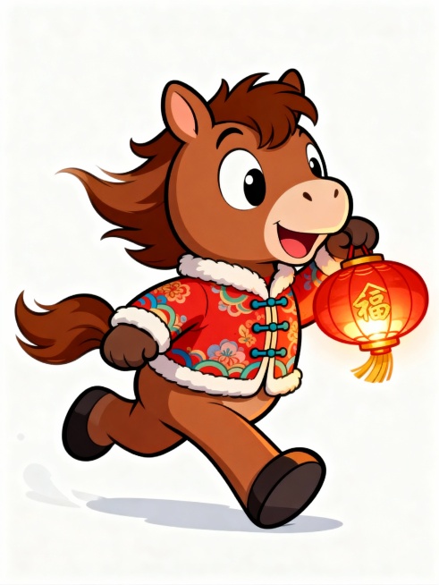 主体是Q版棕褐色骏马踏着蹄子，穿着中式小棉袄，嘴里叼着灯笼，鬃毛飞扬，纯白色背景，《茶杯头》卡通动画画风预览效果