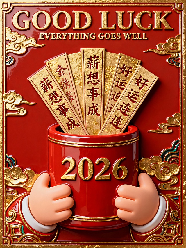 中式喜庆风，3D拟人手捧金签罐，鎏金浮雕纹样，卡通感十足，寓意2026好运连连，吉祥如意。