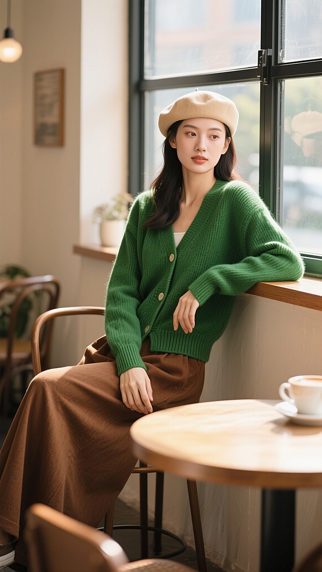 电商详情页场景图，模特穿着绿色针织开衫在咖啡馆窗边，搭配棕色阔腿裤和米色帽子，阳光透过窗户洒在衣服上，营造温暖休闲氛围，高清画质