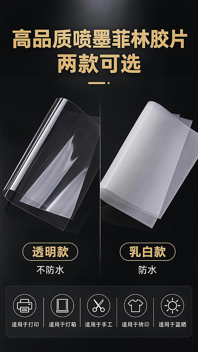 使用商品详情页技能根据商品图「图片1」「图片1」「图片1」「图片1」「图片1」「图片1」「图片1」「图片1」「图片1」「图片1」生成详情页，参考图为，商品名称为菲林胶片，卖点为菲林片，可用于喷墨打印，有透明和乳白两款可选，透明的是不防水的，乳白的是防水的，主要用来打印做：打印、灯箱、手工、转印、蓝晒等，适配平台为拼多多，图片比例为9:16，需求屏数为8张，区分好透明和乳白（半透明）菲林片的区别，可参考其他外贸电商平台的同类产品，做出吸睛美观有设计感的下午详情图