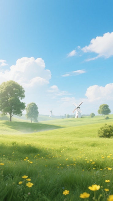 清晨阳光下的绿色草原，远处有几棵高大的树木和白色的风车，近处的草地上点缀着黄色的小花，天空中飘着几朵白云，整体色调明亮清新，充满自然生机。预览效果