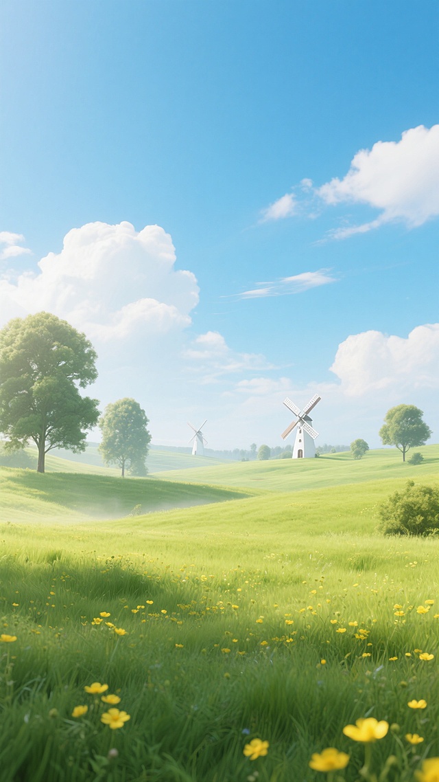 清晨阳光下的绿色草原，远处有几棵高大的树木和白色的风车，近处的草地上点缀着黄色的小花，天空中飘着几朵白云，整体色调明亮清新，充满自然生机。
