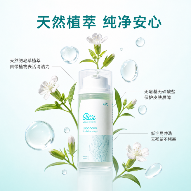 [主图-2] 核心成分解析图
[氛围风格] 科学天然结合，专业纯净护肤
[画质] 超写实商业摄影质感，画面干净通透，分辨率4K
[元素] 产品Ilcsi皂草洁面凝胶放置在画面底部，产品上方和四周悬浮真预览效果
