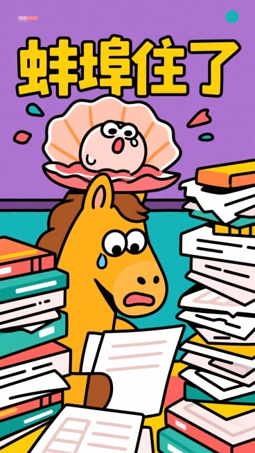 现代矢量插画，特写表情。卡通马面对一堆荒谬或搞笑的状况（如文件堆积成山），它紧抿着嘴，但嘴角和眼角疯狂抽搐，一个快要崩开的“蚌壳”卡通形象出现在它头顶，壳上写着夸张的变形艺术字“蚌埠住了”。画面充满紧预览效果