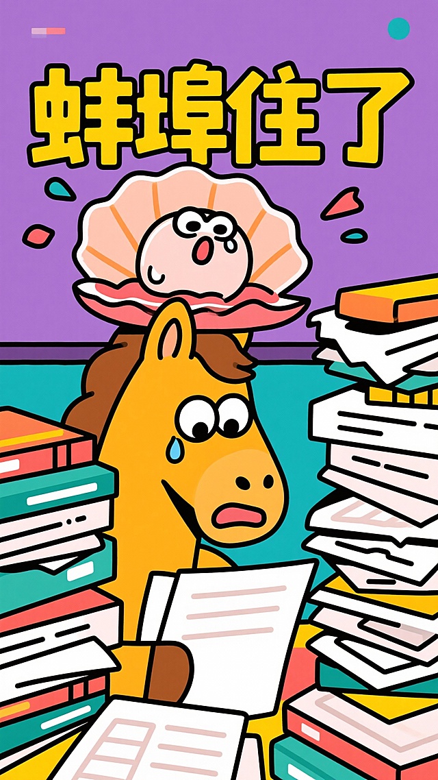 现代矢量插画，特写表情。卡通马面对一堆荒谬或搞笑的状况（如文件堆积成山），它紧抿着嘴，但嘴角和眼角疯狂抽搐，一个快要崩开的“蚌壳”卡通形象出现在它头顶，壳上写着夸张的变形艺术字“蚌埠住了”。画面充满紧绷又即将爆发的喜剧张力。 --no childish, text-heavy, close-up，画面比例9;16