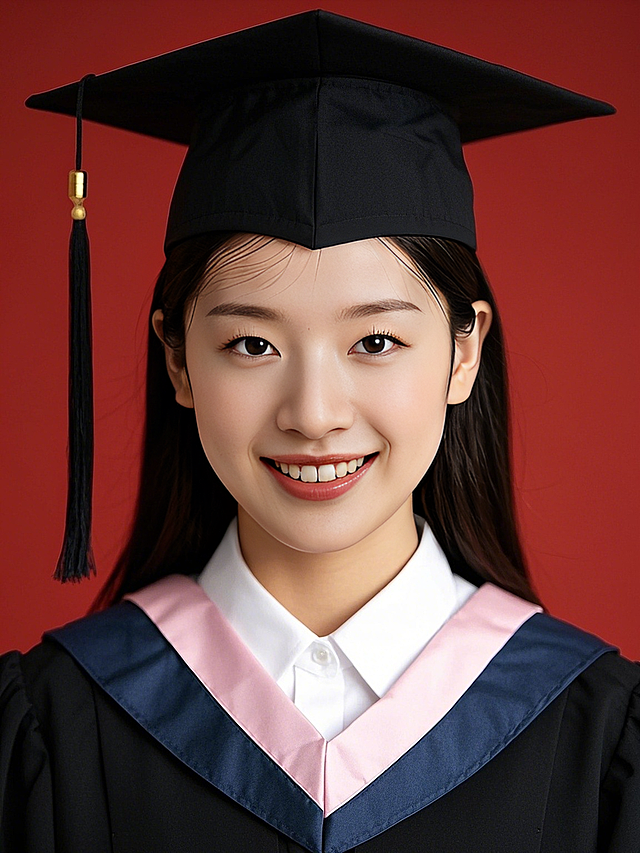 一个女生，博士服穿搭，红色背景，干净的背景，证件照，