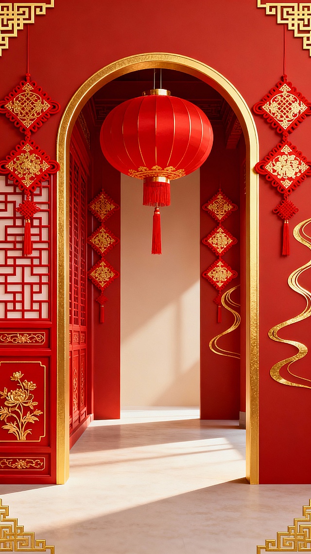 请帮我生产三张图片，这是一张具有浓厚中国传统节日氛围的海报，采用竖版构图，整体以正红色为主色调，搭配金色线条勾勒细节，营造出喜庆、庄重的视觉效果。海报中央是一个由金色边框装饰的拱形门廊，门廊上方悬挂着一个大红色的圆形灯笼，灯笼下方有红色流苏垂坠。门廊两侧对称分布着多个红色菱形中国结，每个中国结上都有金色的传统花纹图案。门廊左侧有一扇红色的中式窗棂，窗棂上雕刻着几何纹样和花卉图案。门廊右侧的墙壁上装饰着金色的线条，呈现出流动的曲线美感。整个场景的地面是浅色的，光线从门廊深处照射进来，形成柔和的光影效果，增强了空间的纵深感。海报的四个角落都有金色的传统回纹装饰，进一步强化了中国传统文化的主题。