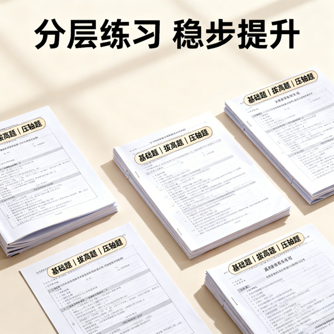 历届高考真题合集电商主图第十一张，清新舒适学习风格，柔和自然光。画面展示不同难度层级的真题试卷分类摆放，标注「基础题 | 拔高题 | 压轴题」分类标签。背景为浅米色，整体整洁有序。上方标题「分层练习预览效果