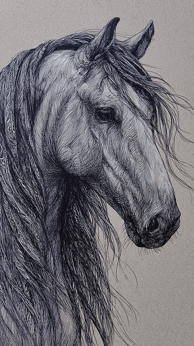 工笔白描风骏马侧影，线条细腻流畅，毛发生长感极强，古典优雅中透出文艺气息，宛如传统版画重生。