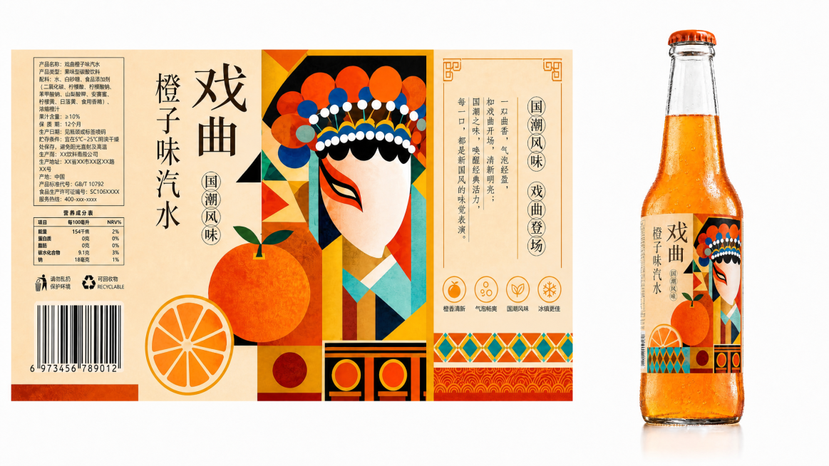 在原包装设计基础上，左下方补上条形码，去掉条形码旁边的蓝色菱形方块装饰，补齐这块区域的橙子切片和浅米色背景，其他保持不变预览效果