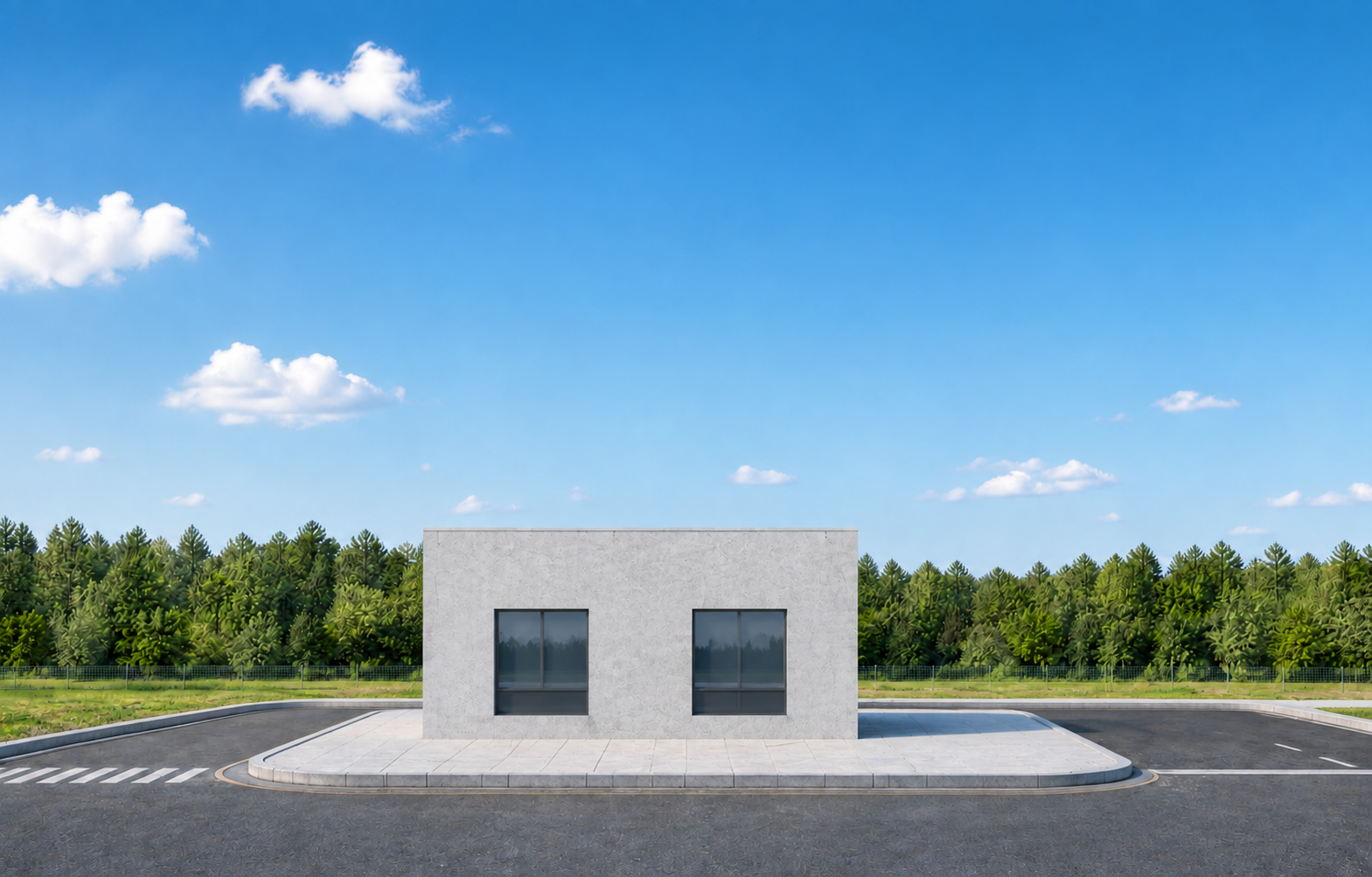参考之前工业厂区的晴朗白天环境光线，重绘本图建筑：建筑模型结构… - 图片创意预览