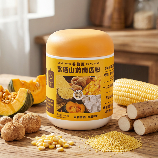 设计一张电商主图，素材包括贝贝南瓜、山药、猴头菇、小米、玉米预览效果