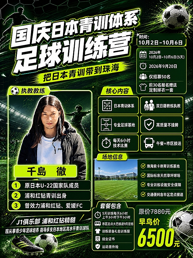 基于参考图进行整体风格重绘，将国庆红金喜庆风格改为足球运动主题风格，围绕足球赛场氛围做设计。保留全部文案信息、人物、图片、图标和版式结构，只替换视觉风格和配色。小红书3:4竖版比例。

足球风格设计方案：
- 主背景：深绿黑渐变底色，模拟足球场草坪纹理，叠加足球网纹、球场线条、运动速度线，营造赛场氛围
- 主色调：绿茵绿 + 白色 + 荧光黄/橙色点缀，经典足球配色
- 装饰元素：足球图案、球门网纹理、草坪条纹、球鞋钉痕、运动速度线、足球光影剪影
- 整体感觉：热血运动、赛场激情、专业足球训练氛围

具体风格替换：
- 原国庆红金背景 → 深绿黑渐变+草坪纹理暗纹+足球网纹+动感速度线+足球剪影装饰
- 原金色描边边框 → 白色或荧光黄绿色描边，带运动光效
- 原红色卡片底 → 深绿或黑底，带草坪纹理质感
- 主标题"国庆日本青训体系足球训练营"：白色粗体字+深绿描边+荧光黄外发光，动感立体
- 标签条：荧光黄绿色底+深绿/黑字，或白底绿字
- 教练照片边框：白色发光边框+荧光黄绿色外描边，运动感
- 名字标签：荧光黄绿底+深绿字，或绿底白字
- 资质条：深绿底+白字，序号用荧光黄圆圈白字
- 核心内容图标区：每个图标改为白色线条风格，深绿底卡片+荧光黄绿边框
- 场地信息、套餐包含模块：深绿底+白色/荧光黄边框，白字
- 价格区："早鸟价¥6500元"用荧光黄绿色大号突出，"原价7880元"灰色划线
- 勾选框：荧光黄绿色对勾+深绿圆圈
- 右上角时间信息：白字或荧光黄字
- 去掉国庆元素（天安门、华表、烟花、五角星、祥云、红绸带），替换为足球相关元素（足球、球门、草坪、球鞋、速度线、运动剪影）

背景元素：深绿黑渐变，草坪条纹暗纹，足球网纹纹理，动感绿色速度线，足球光影剪影，球门框轮廓，运动粒子飘散，专业足球赛场氛围。

所有文案内容、版式布局、人物位置、图标排列、场地照片位置完全保持不变，只改变风格和配色。

画面中必须完整呈现以下文字信息：
国庆日本青训体系足球训练营、时间：10月2日-10月6日、把日本青训带到珠海、J1俱乐部 浦和红钻精髓、现从事青少年足球培养指导多支日本地区高水平青训球队、执教教练、千島 徹、原日本U-22国家队成员、浦和红钻青训出身、曾效力浦和红钻爱媛FC、2026年10月2日-10月6日(5天)、2026年9月20日、仅招募50名、前30名报名赠送定制球衣一套、核心内容、日本青训体系、双日籍教练执教、专业足球基地、高质量不挂牌、每天6小时技术比赛、午餐+市区接送、场地信息、珠海索卡体育训练基地、国际标准天然草坪球场、专业训练设施安全保障、交通便利含市区定点接送、套餐包含、5天训练每天6小时上午3小时下午3小时、市区定点大巴接送9月定档、训练装备礼包训练服、结业证书、运动意外险、原价7880元、早鸟价6500元

画面中所有数字必须精确渲染，不得错位、遗漏或编造。
画面中所有信息区域必须填充完整合理的内容，不得出现空白框。
版式精美，文字清晰可读，足球运动氛围浓厚，细节丰富，2K超高清画质。