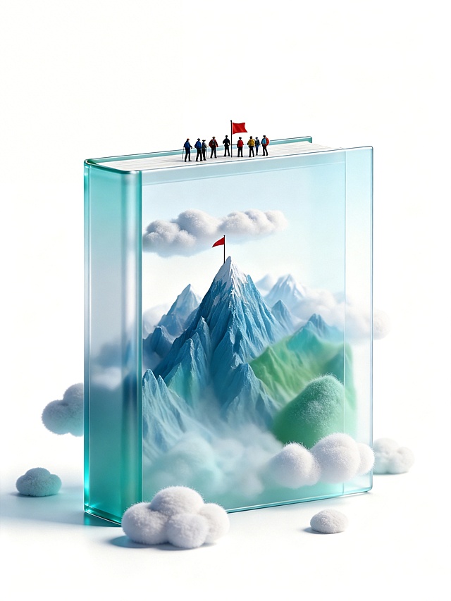 3D艺术，磨砂玻璃质感的书籍效果图，正视图，封面面对屏幕，带书脊厚度。书本中是险峻的雪山，山峰底部不溢出书籍内框，山尖延伸到书的最顶端跑出书的外框一点点，像隐藏在透明的书中间。书的最顶上有一群穿着登山服的小人，正努力把红色旗帜插在山顶。几个大小不一的毛绒质感的3D云朵，有的在书中有的打破书的边界部分飘在书外。书的颜色为蓝绿色渐变色自然过渡，有透明感、透亮，UI设计风格，光线追踪，没有任何文字，干净的白色背景，Dribbble、Pinterest风格，OC渲染器效果，16K分辨率。书籍比例为3:4的长方形，书籍形态正常。