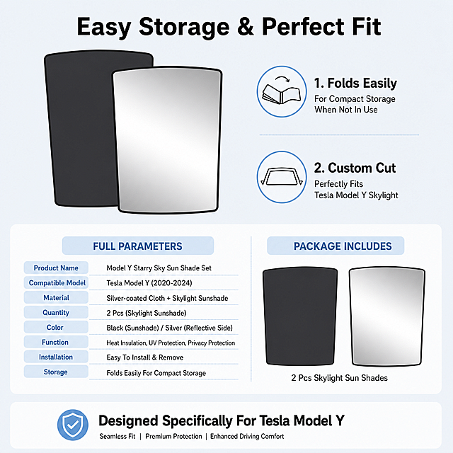 [第5屏] Product information - Easy Installation & Quick Storage Full Parameters. This screen uses 【image1】 as the product subject.  
[Atmosphere/Style] Clear parameter information style, simple and convenient.  
[Element Layout] Upper half display the folded sunshade, explain the quick storage feature; lower half list core parameters, compatible model and packaging content. Keep product shape consistent with input image.  
[Light and Shadow Texture] Even soft light, clear picture, parameter text clearly visible.  
[Color Matching] Global background color #F0F4F8; main color black silver, text black, parameter tags light blue.  
[Perspective Composition] Upper product display, lower parameter list, vertical layout.  
[Text Layout] Top title "Easy Storage & Perfect Fit", main content: 1."Folds Easily For Compact Storage When Not In Use" 2."Custom Cut Perfectly Fits Tesla Model Y Skylight" 3."Package Includes: 2 Pcs Skylight Sun Shades", bottom compatible note "Designed Specifically For Tesla Model Y", all English text, clear classification.  
[Proportion Resolution] 1:1 square ratio, 4K resolution, clear text, high-definition picture quality.  
[Negative Prompt] Product deformation, parameter text blur, Chinese characters, wrong compatible description, watermark, background clutter.