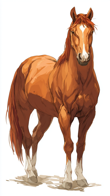 A well-built adult horse, with a clearly defined head, erect ears, bright and lively eyes, a long an预览效果