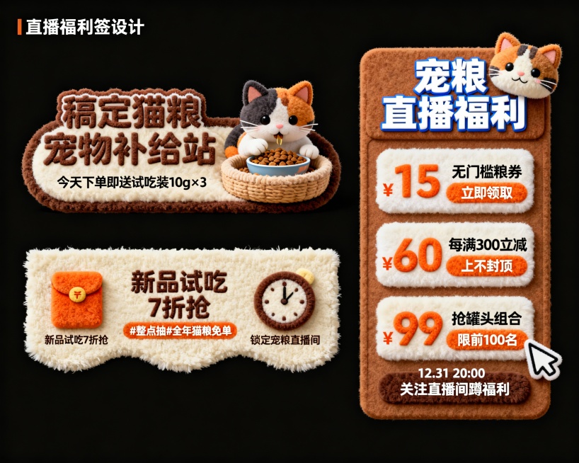 宠物食品直播间福利标签贴片，上标签：整体毛绒造型，左侧质感“稿定猫粮 宠物补给站”文字设计，小字“今天下单即送试吃装10g×3”，右边是3D卡通毛绒三花猫在猫窝里，吃着碗里的猫粮；右标签（位于画面右侧预览效果