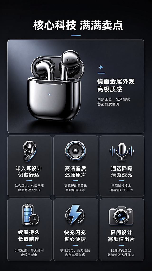 [第3屏] 核心卖点总览-镜面金属半入耳无线蓝牙耳机九大核心优势分层展示。
[氛围/风格] 极简科技风，深空灰渐变背景，卡片分层设计，精致高级，延续首屏视觉调性。
[元素布局] 采用上1大卡片+下2中卡片+下3小卡片的瀑布流分层结构，大卡片放置耳机产品图，占据上半区约40%高度，保持耳机外观、结构、金属质感一致。下方六个小卡片分两行三列排列，每个卡片对应一个核心卖点，卡片带有细微圆角和浅阴影，突出分层质感。
[光影质感] 主光源从左侧打来，耳机产品光影清晰，金属反光自然，卡片文字光影均匀，每个卡片之间明暗区分自然，整体通透不沉闷。
[配色色系] 全局底色：#1A1A20（深空灰）；卡片底色：#25252B（深灰）；文字配色：#FFFFFF（白色主标题）+#BDBDBD（浅灰色正文）；点缀色：#82C3EC（浅蓝）。
[视角构图] 中心对称瀑布流构图，耳机主图在上半区居中，下方卡片矩阵对齐排列，画面平衡稳重，信息层级清晰。
[文字版式] 顶部主标题 "核心科技 满满卖点"，白色粗体居中，字号约画面宽度7%。大卡片耳机右侧标注主卖点 "镜面金属外观 高级质感"。下方六个小卡片分别标注："半入耳设计 佩戴舒适"、"高清音质 还原原声"、"通话降噪 清晰透亮"、"续航持久 长效陪伴"、"快充闪充 省心便捷"、"极简设计 高颜值出片"。每个卡片标题白色，简介灰色，文字清晰不遮挡产品。
[比例分辨率] 9:16竖版比例，4K分辨率，文字清晰可辨，超高清。
[负向提示词] 耳机变形，结构错误，颜色偏差，卡片模糊，文字重叠，水印，背景杂乱。