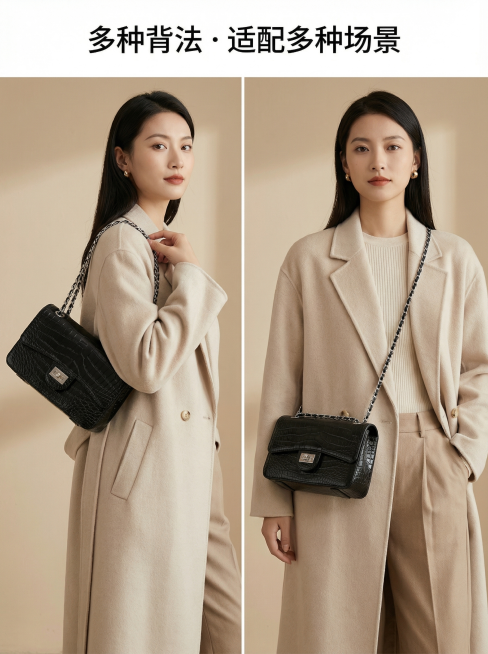 [主图4 穿搭场景拼图]，左右分屏拼图设计，左图展示包包腋下背法上身效果，右图展示斜挎背法上身效果，同一位亚洲女性模特，穿搭一致，背景均为简约纯色墙面，光影自然统一。画面顶部文案“多种背法 · 适配多预览效果