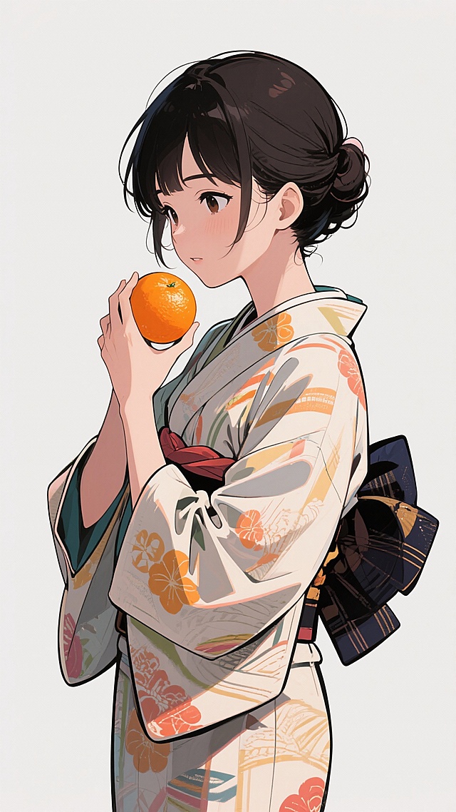 设计个日式插画温画卡女孩人物，身穿日式服饰，侧身拿个沃柑，全身图，高清晰画质，白底将参考中的女孩，微点低头，看着手中的沃柑。