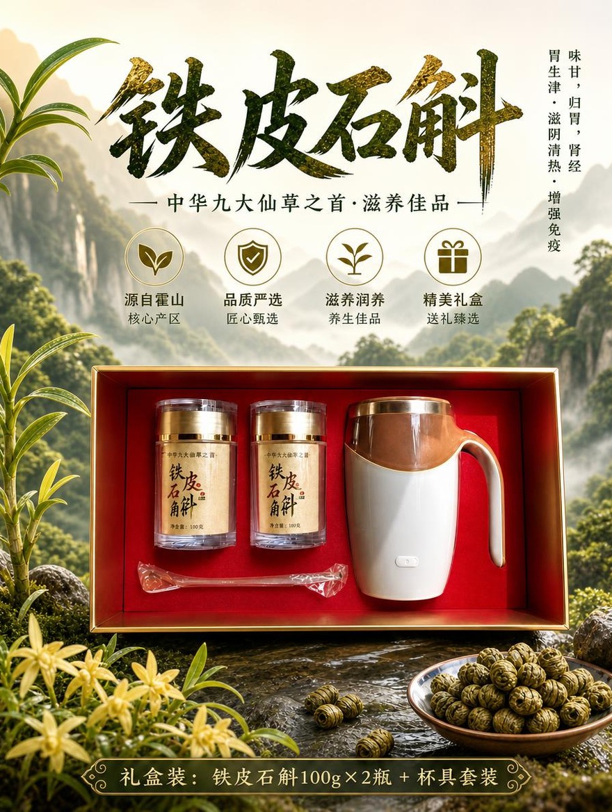 [商品] 使用【图9】铁皮石斛礼盒产品；保留礼盒金色边框、红色… - 图片创意预览